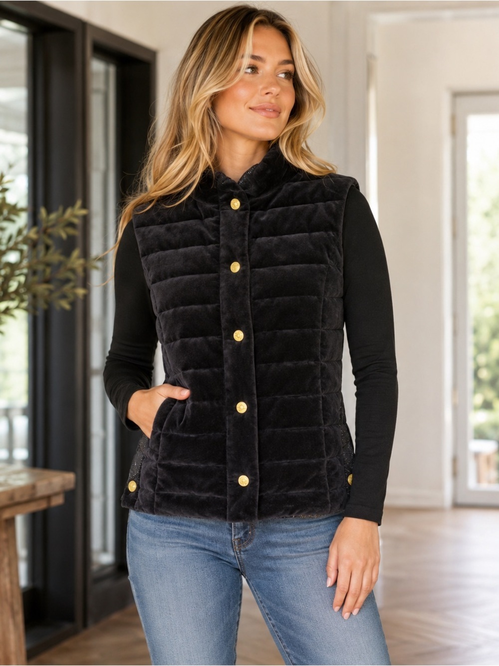 Lilly Pulitzer Velvet Down Puffer Vest Black Gold Buttons Size XS Print Lining